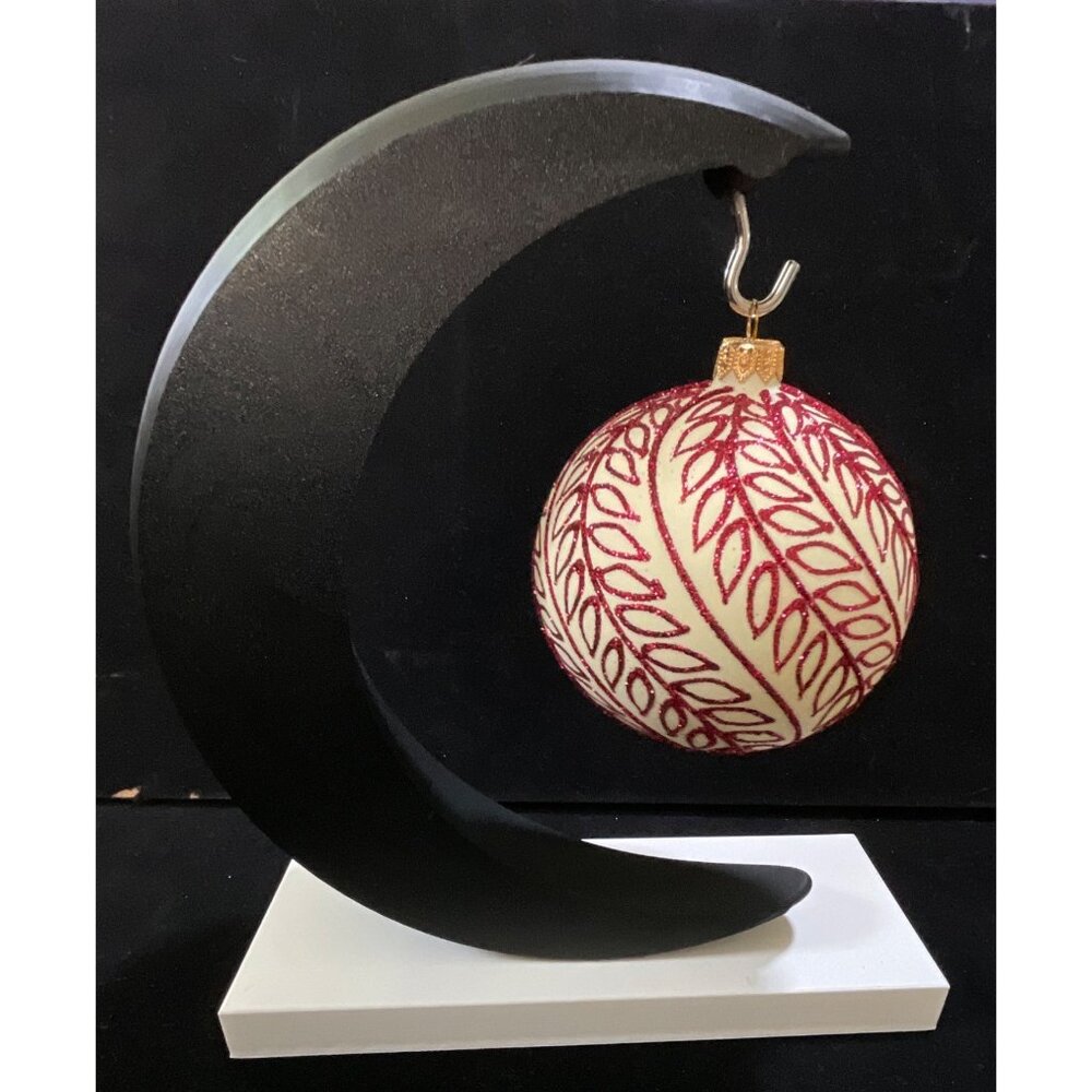 VTG Blown Glass Large Cream Red Glitter Leaf Design Christmas Ornament 5” - Picture 2 of 4